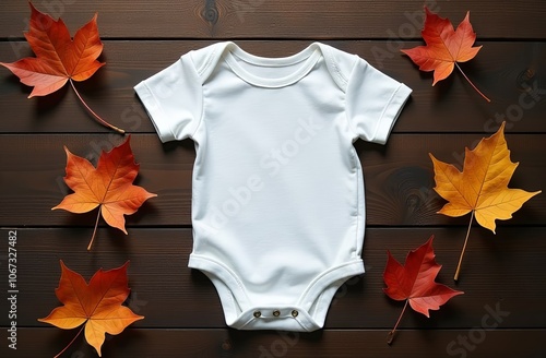 Autumn white baby girl or boy onesie mockup flat lay with autumn leaves and pumpkins on a dark wooden background. Design onesie template, print presentation mock up. Top view. photo