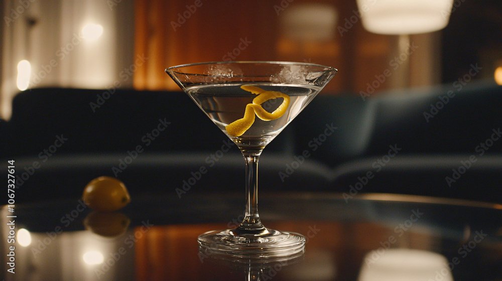 crystal martini glass with twisted lemon peel, soft bokeh background, velvet lounge setting crystal martini glass with twisted lemon peel, soft bokeh background, velvet lounge setting