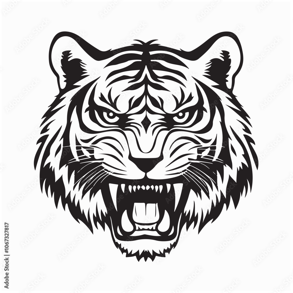 Tiger Head Roaring Front View Stock Image vector isolated on white background.