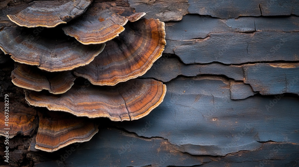 Close-up of layered fungi on textured bark, showcasing earthy tones and natural beauty. Close-up of layered fungi on textured bark, showcasing earthy tones and natural beauty.