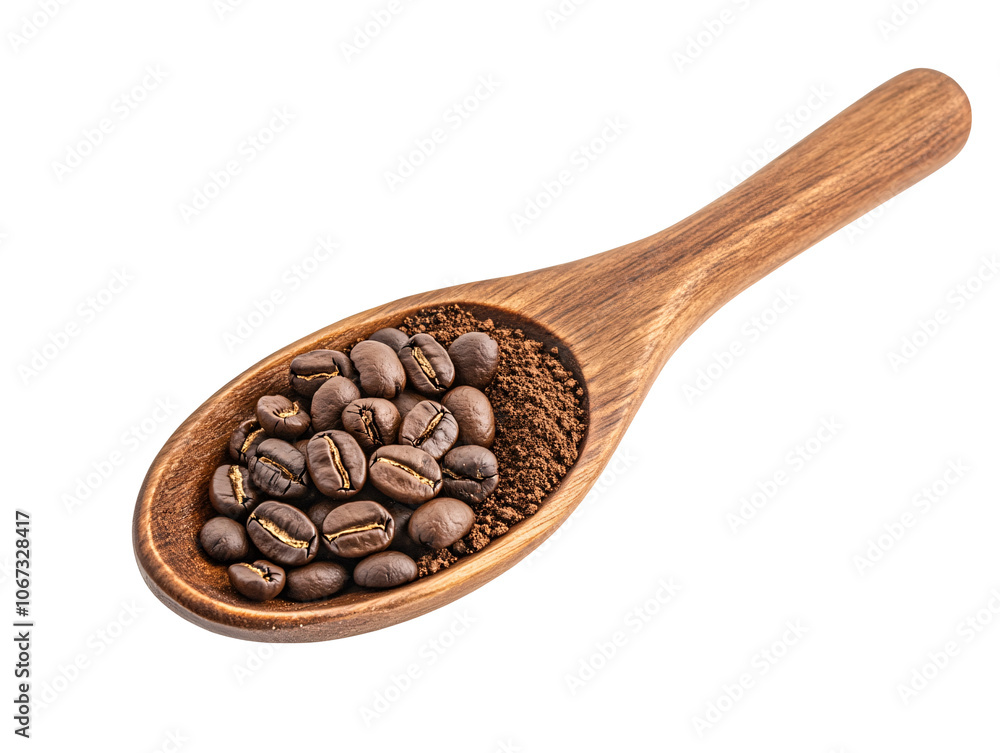 a wooden spoon full of coffee beans and powder a wooden spoon full of coffee beans and powder