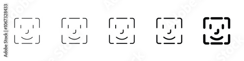 Set of 5 face recognition icons, 1 unexpanded vector, 1 silhouette, Square facial recognition scan line art vector icon for apps and websites, password, security, biometric, face id login, identity