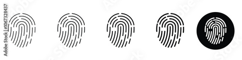 Set 5 fingerprint icons 1 unexpanded 1 silhouette, black fingerprint flat vector collection police electronic thumbprint scanner crime data isolated white background finger identity technology concept
