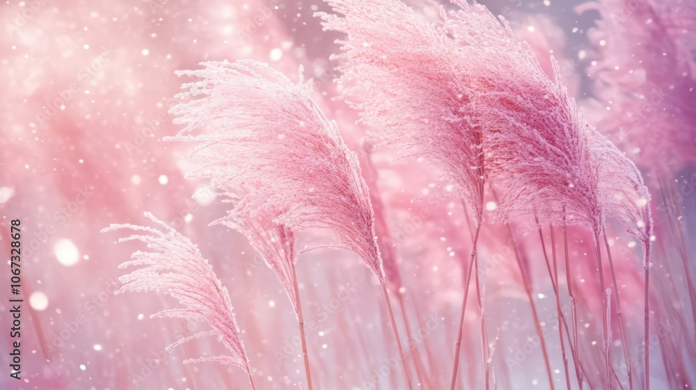 Fototapeta premium Beautiful winter nature background macro. Fluffy stems of tall grass under snow in winter in snowfall, toned pink. Fabulous fairy idyllic artistic image of winter. Very atmospheric picture.