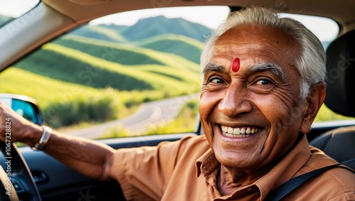 Joyful Elderly Man Driving Through Scenic Landscape