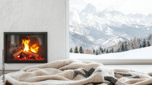 Cozy mountain lodge with fireplace, large windows, snowy landscape outside, rustic winter retreat, warm and inviting, 3D illustration