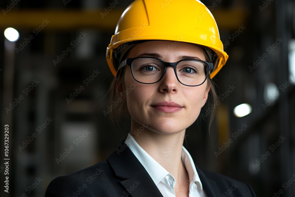 Female engineer in business suit and yellow hard hat looks at the camera. She is in a workshop Female engineer in business suit and yellow hard hat looks at the camera. She is in a workshop