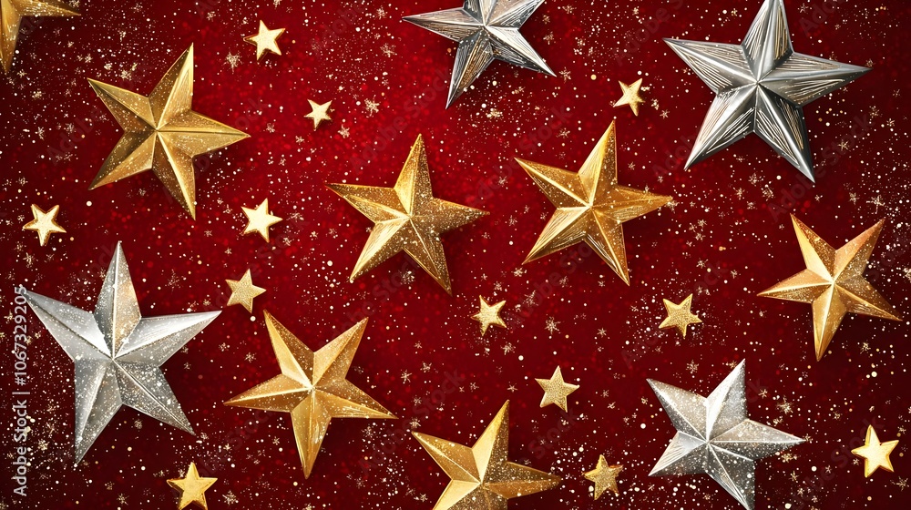 Festive Red Christmas Background with Glittering Stars Festive Red Christmas Background with Glittering Stars