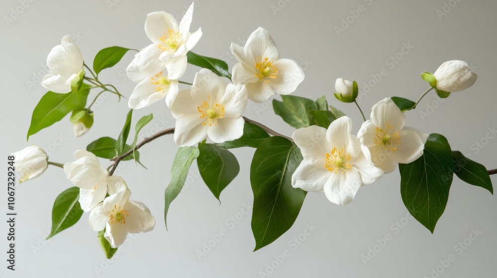 Obraz premium Delicate white flowers with yellow centers and vibrant green leaves arranged on a graceful branch, symbolizing purity, nature, beauty, growth, and serenity.