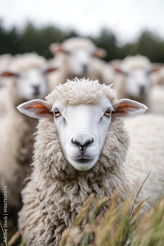 Obraz premium A charming illustration of a fluffy sheep standing in a green meadow, surrounded by bright wildflowers under a clear blue sky, encapsulating a serene farm atmosphere.