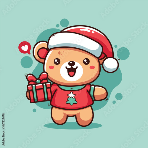 Cute teddy bear with christmas present, vector illustration.