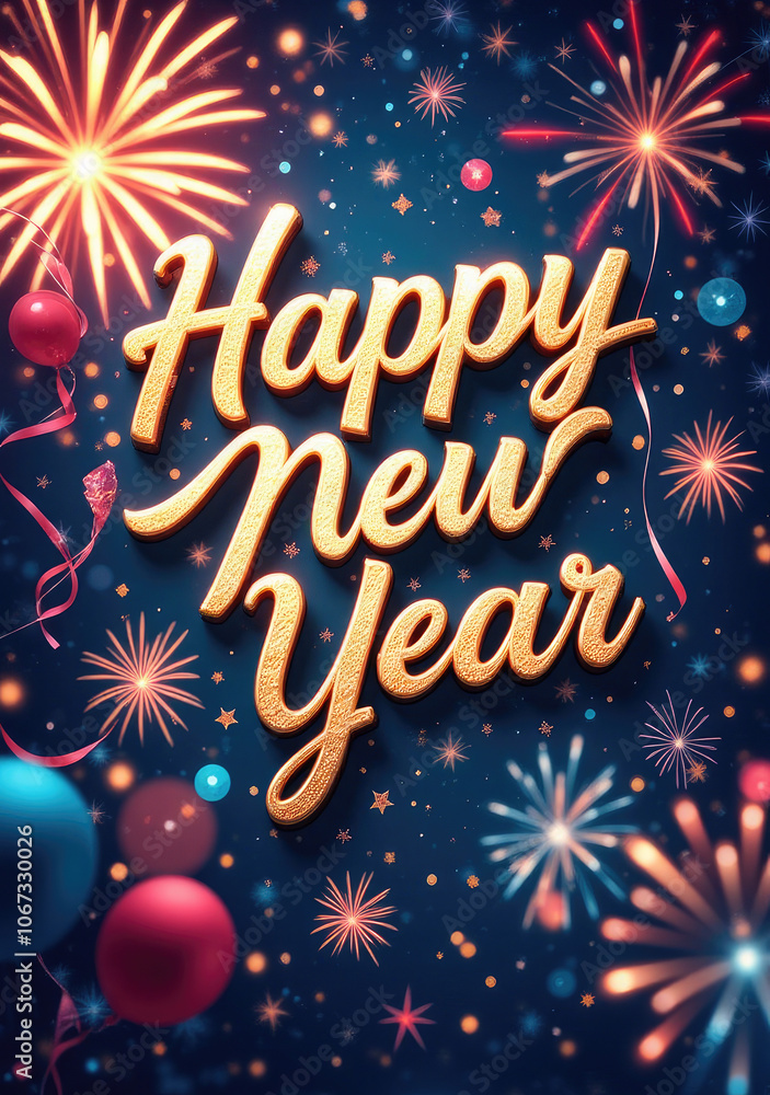 Generative AI Festive Happy New Year 2025 illustration with vibrant fireworks, golden text, and red balloons. Perfect for celebrating the New Year with a joyful and colorful design. Generative AI Festive Happy New Year 2025 illustration with vibrant fireworks, golden text, and red balloons. Perfect for celebrating the New Year with a joyful and colorful design.