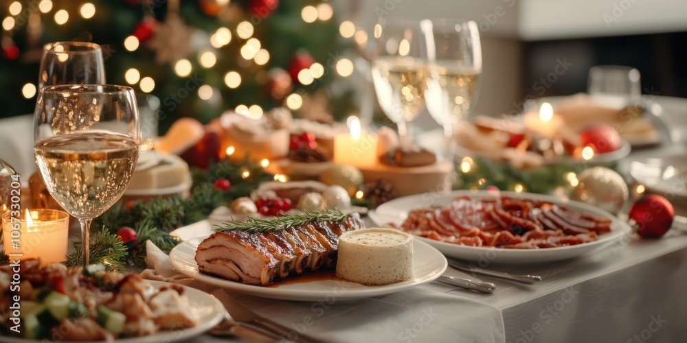 A beautifully set Christmas dinner table with traditional dishes decorations christmas holiday. A beautifully set Christmas dinner table with traditional dishes decorations christmas holiday.
