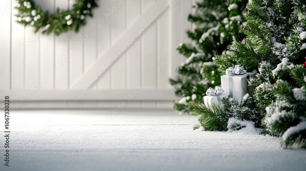 Fototapeta premium A cozy winter scene featuring a decorated Christmas tree, a snow-covered floor, and a festive wreath against a rustic white background.