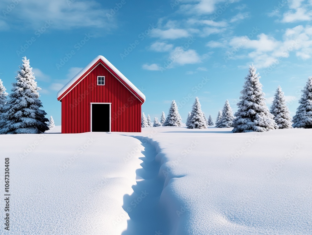 Naklejka premium A vibrant red barn contrasts beautifully against a snowy landscape, surrounded by evergreen trees under a bright blue sky.
