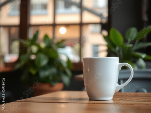 A cozy coffee shop scene featuring a white mug on a wooden table, surrounded by greenery. Perfect for conveying warmth and relaxation