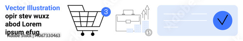 Shopping cart icon with 3 notification, briefcase with charts, and checkmark in a textbox. Ideal for e-commerce, statistics, finance, business, marketing, online shopping, quality assurance. Landing