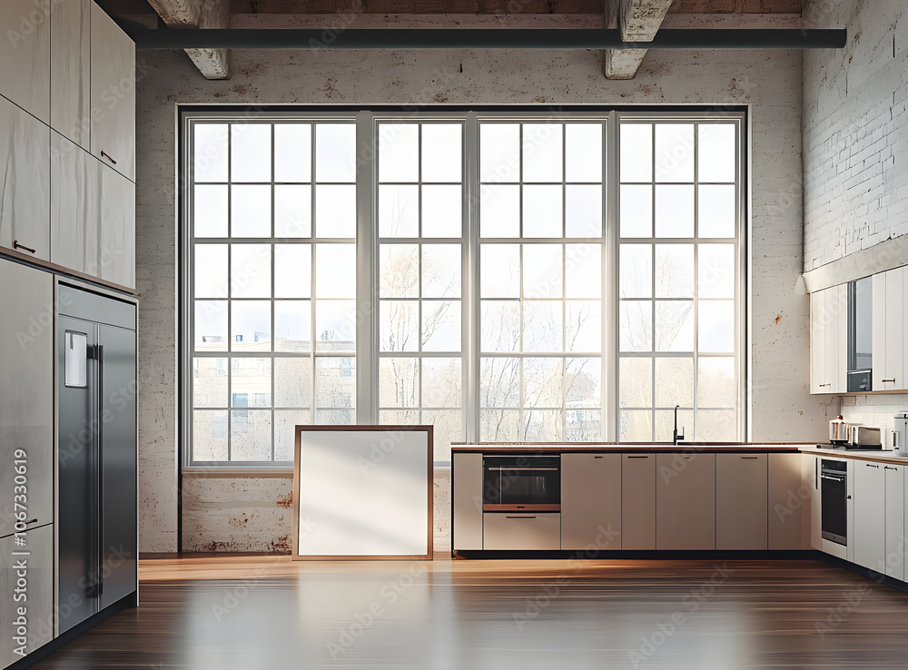 Obraz premium Modern kitchen interior with blank canvas and large windows. 3D Rendering