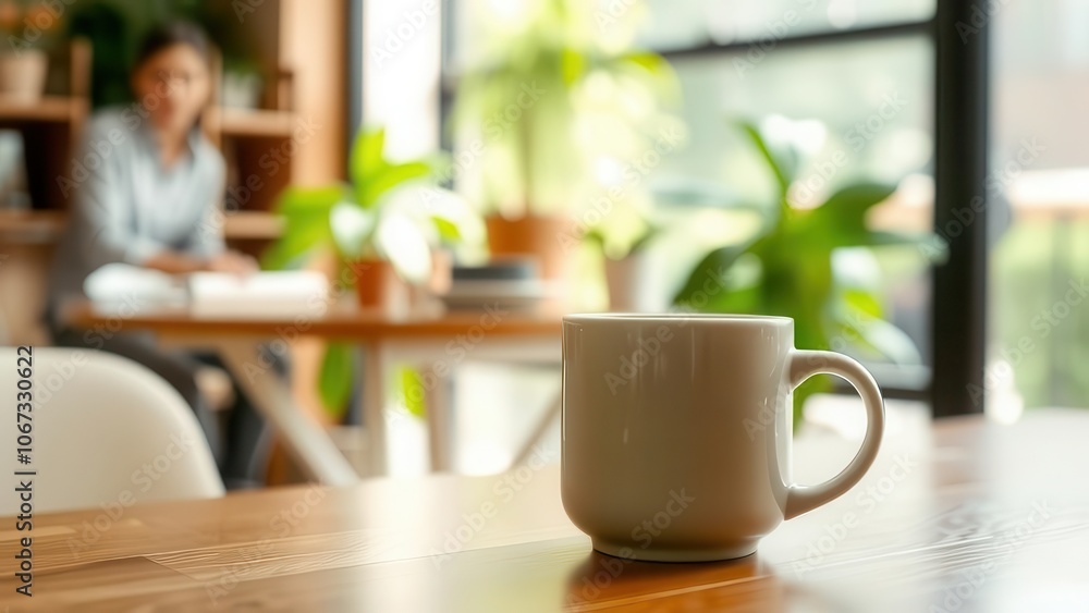 A cozy coffee shop scene featuring a white mug on a wooden table, surrounded by greenery. Perfect for conveying warmth and relaxation A cozy coffee shop scene featuring a white mug on a wooden table, surrounded by greenery. Perfect for conveying warmth and relaxation