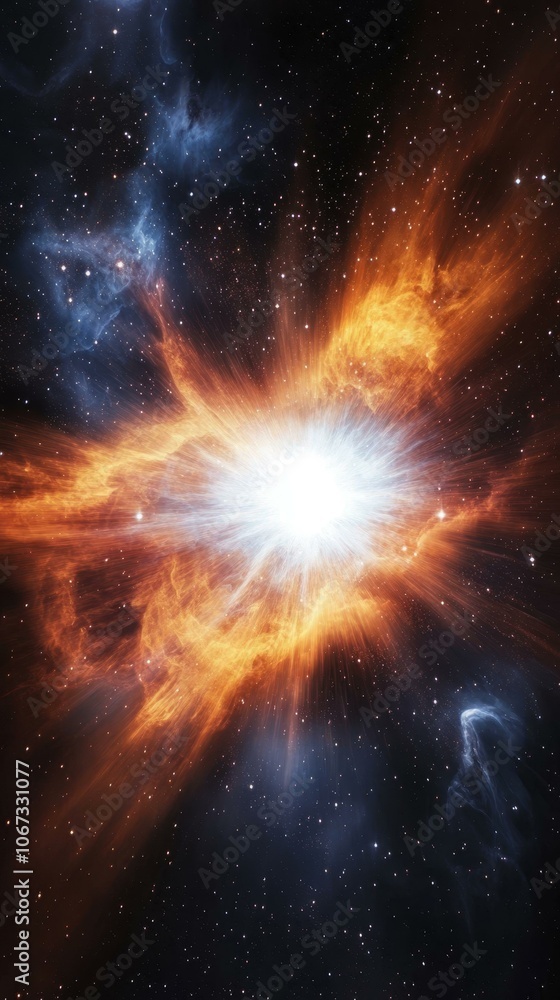 A brilliant white star explodes in a nebula, creating a spectacular display of cosmic dust and gas. This image symbolizes creation, destruction, rebirth, power, and the vastness of the universe.