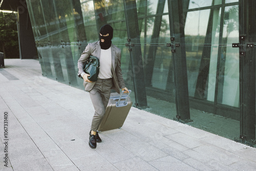 A masked person hurries away pulling a suitcase, set against a modern glass building, highlighting an adventurous yet risky escape in an urban setting.