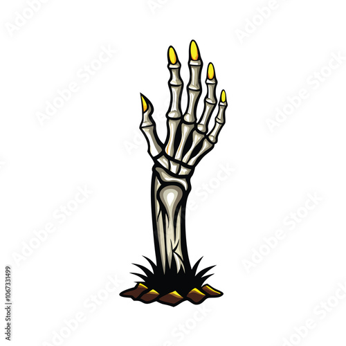 A skeletal hand emerges from cracked, crumbling ground, reaching out with bony fingers towards the viewer.