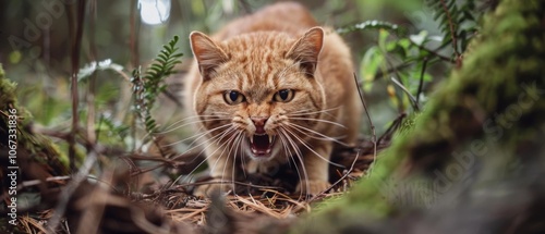 A fierce domestic cat hisses amid lush greenery, baring sharp teeth and embodying raw feline aggression in an unexpected jungle setting. photo