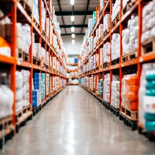 Warehouse with organized stock shelves, efficient inventory control