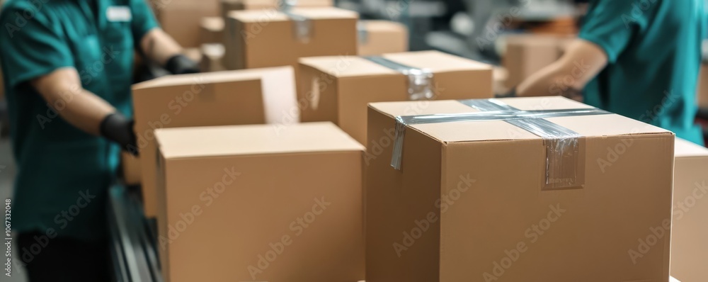 Workers packing boxes in assembly line, seamless production, logistics Workers packing boxes in assembly line, seamless production, logistics