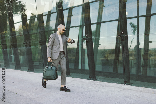 A professional in a suit and mask holding a bag is shown checking the time on a modern city street, emphasizing punctuality and a fast-paced urban life. photo