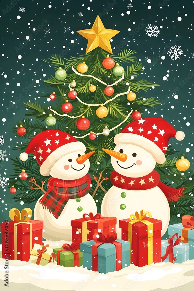 Christmas Snowmen with Gifts by Christmas Tree Christmas Snowmen with Gifts by Christmas Tree