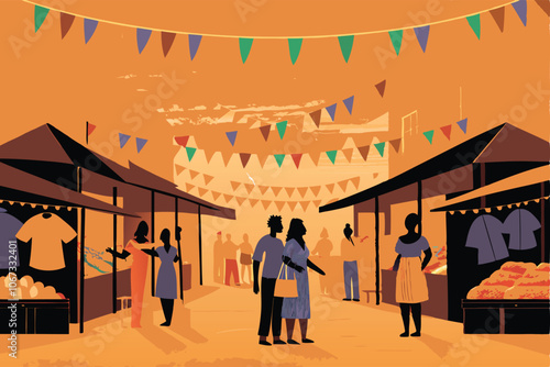 A vibrant illustration of a bustling market street teeming with people, showcasing diverse stalls, colorful merchandise, and lively interactions.