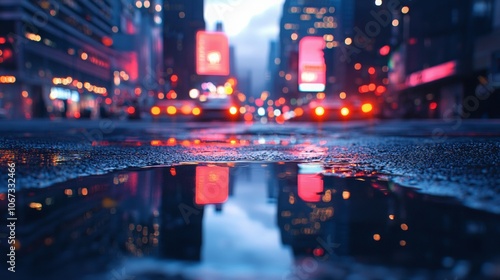 Cityscape Reflection, vibrant puddle mirroring city lights at dusk, blurred skyscrapers create a mesmerizing urban atmosphere.