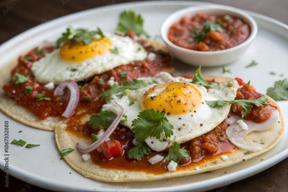Fried Eggs on Crispy Tortillas with Salsa and Beans Fried Eggs on Crispy Tortillas with Salsa and Beans