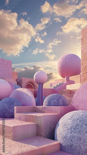 a rooftop building, look like tel aviv, with pink and purple steps decorated in soft rounded shapes featuring large spheres that resemble candy or balloons, creating a whimsical atmosphere for childre photo