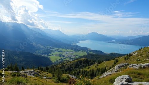 Wallpaper Mural A breathtaking panoramic view of lush green mountains under a vibrant sky filled with fluffy clouds. Perfect for nature lovers and travel enthusiasts Torontodigital.ca