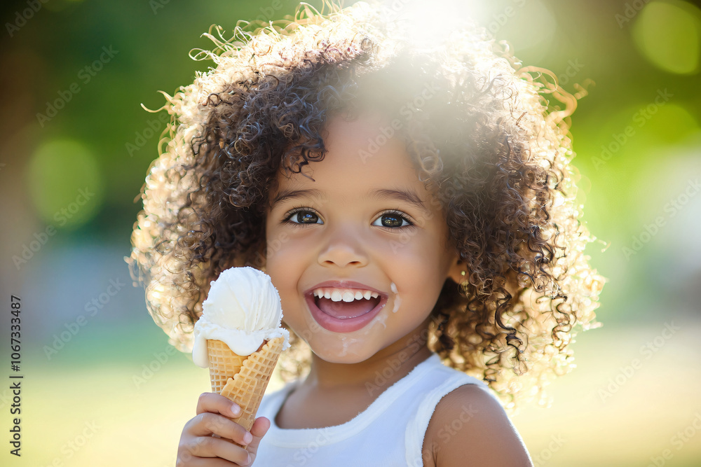 a toddler girl with natural curly hair enjoying a vanilla ice cream cone a toddler girl with natural curly hair enjoying a vanilla ice cream cone