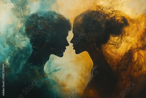 silhouettes of a man and woman against an abstract cosmic background symbolizing the connection of human souls in love infused with ethereal colors and spiritual energy photo