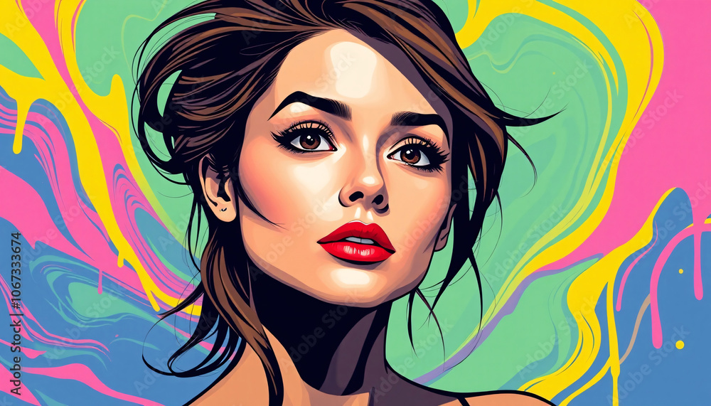Dreamy Pop Art Portrait of Woman in Contemplative Pose Dreamy Pop Art Portrait of Woman in Contemplative Pose