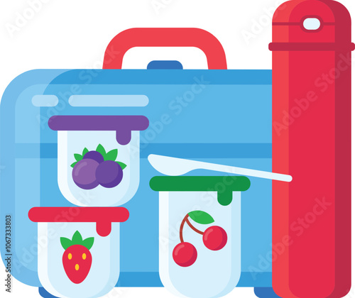 Blue lunchbox containing jars of yogurt with strawberries, blueberries and cherries, a spoon and a red thermos, ideal for a healthy meal at school or in the office