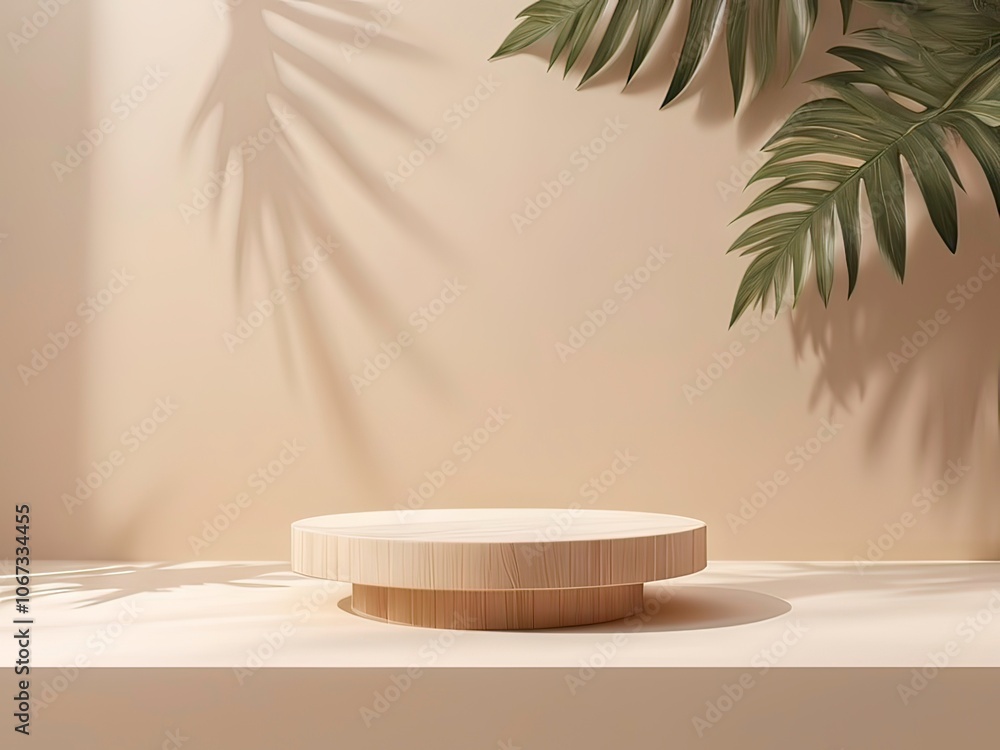 Brown product display podium with nature leaves. 3D rendering Brown product display podium with nature leaves. 3D rendering