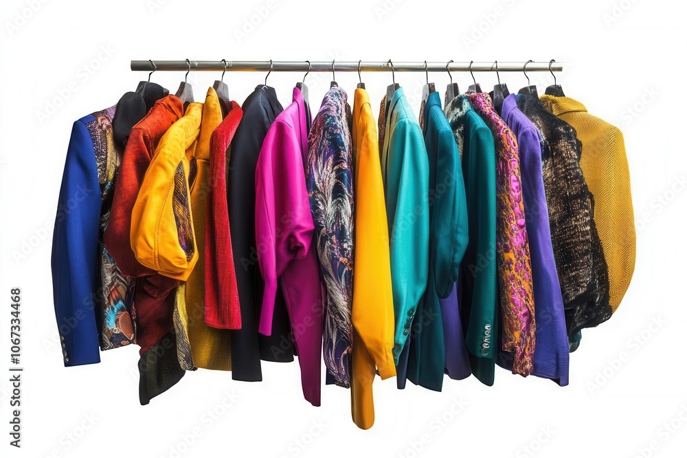 Colorful collection of jackets hanging neatly on a rack, white isolate background. Colorful collection of jackets hanging neatly on a rack, white isolate background.