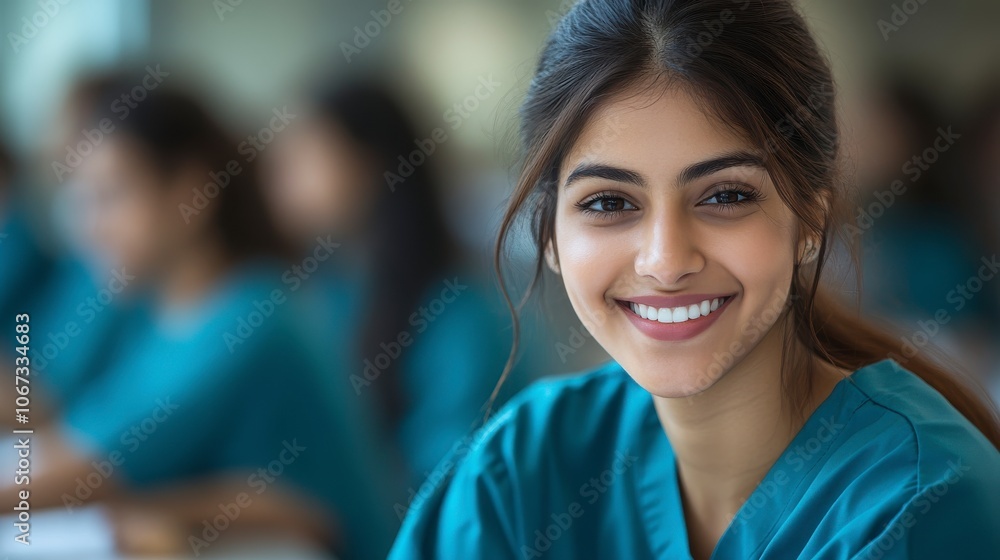 Smiling student in nursing scrubs, classroom setting, focus on expression, learning environment, young professional. Smiling student in nursing scrubs, classroom setting, focus on expression, learning environment, young professional.