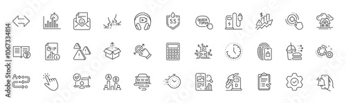 Lock, Building and Journey path line icons. Pack of Phone search, Headphones, Online access icon. Send box, Time, Attention pictogram. Talk, Touchscreen gesture, Cursor. Food delivery. Vector
