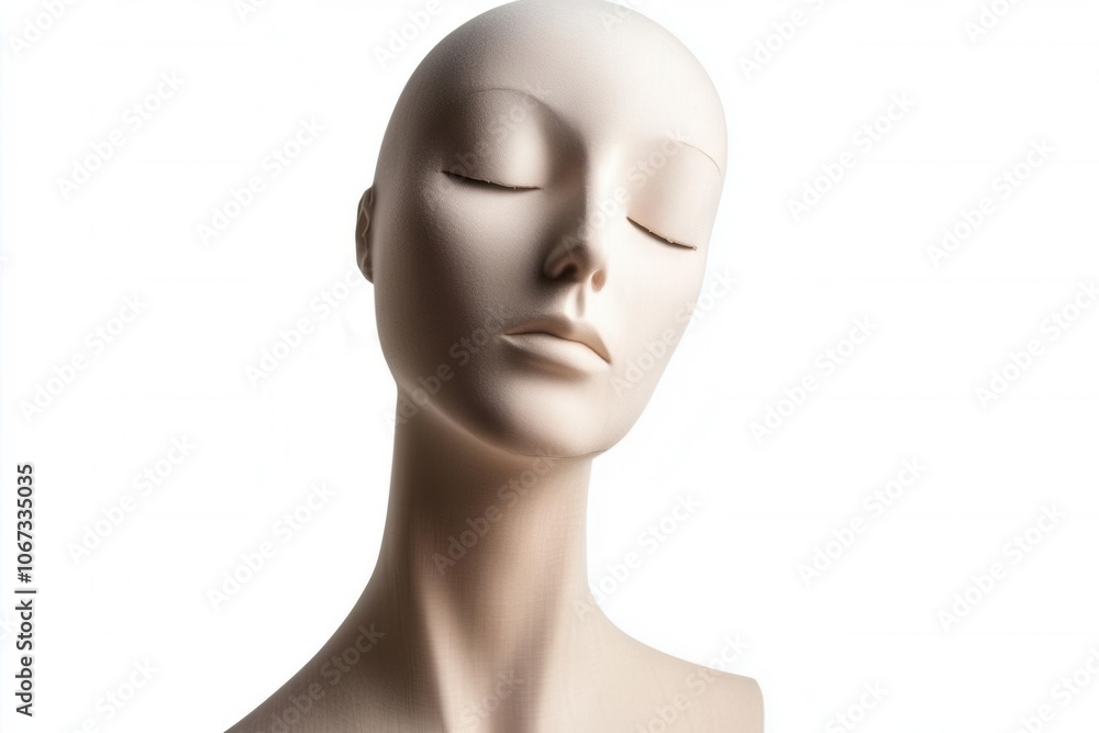 Mannequin head with serene expression, isolated on a white background. Mannequin head with serene expression, isolated on a white background.