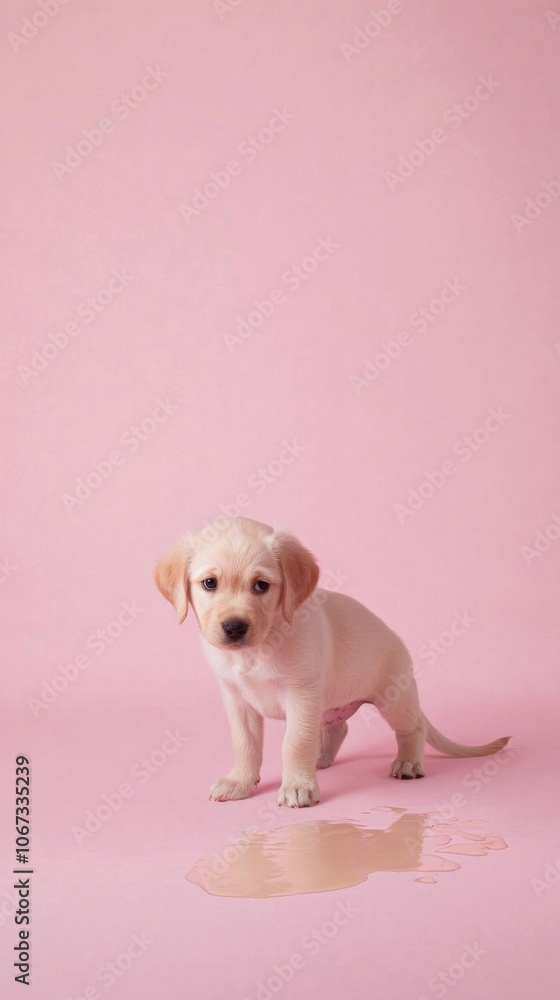 Guilty puppy lying near its urine puddle on light pastel background Guilty puppy lying near its urine puddle on light pastel background