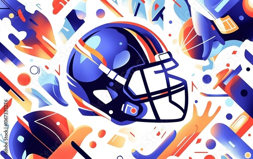 An artistic representation of a football helmet on a vibrant background featuring colorful abstract shapes and dynamic patterns photo