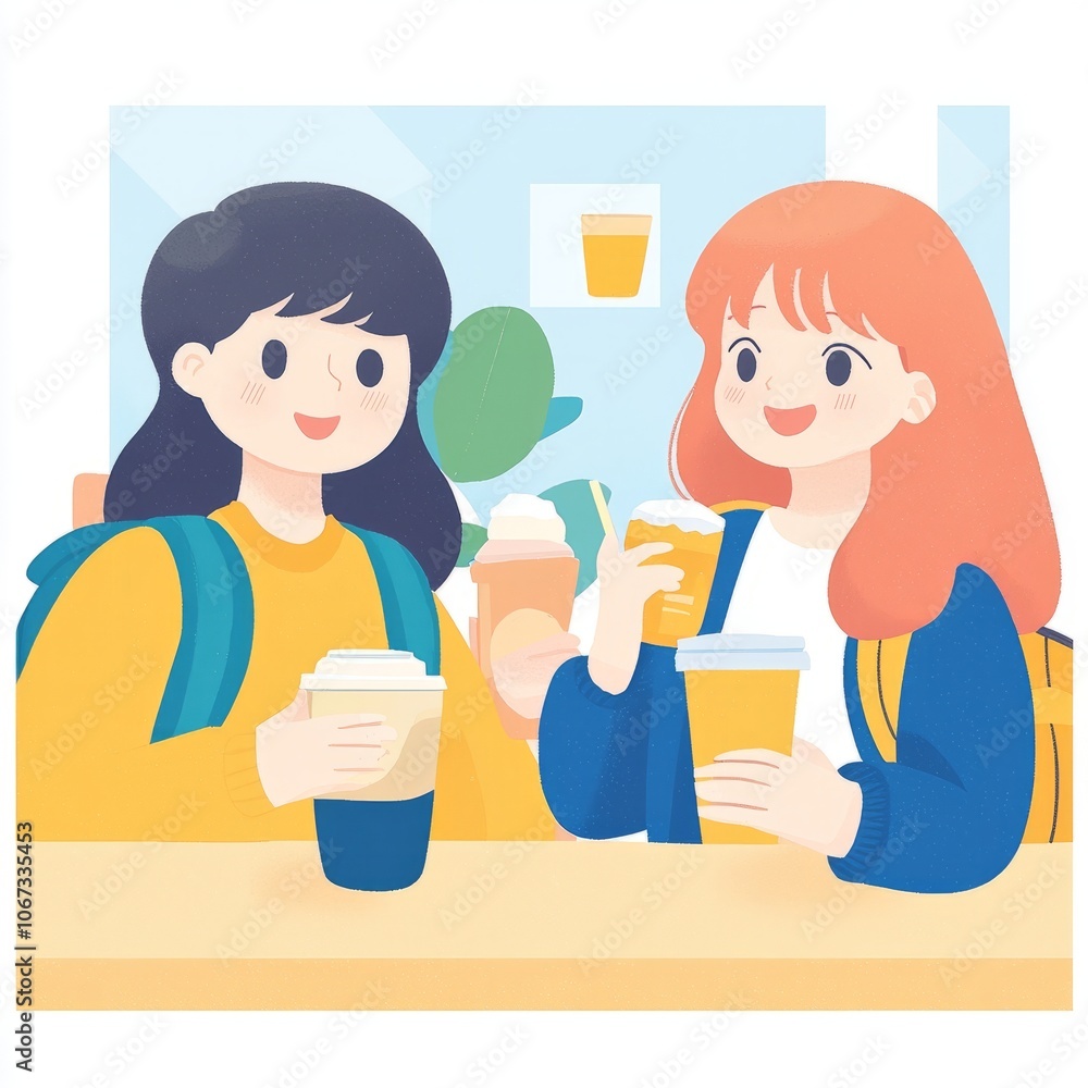 Two friends enjoying drinks together in a cozy caf? setting. Two friends enjoying drinks together in a cozy caf? setting.