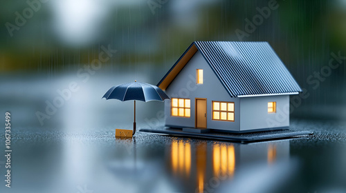 A small house with an umbrella roof in the rain, surrounded by water