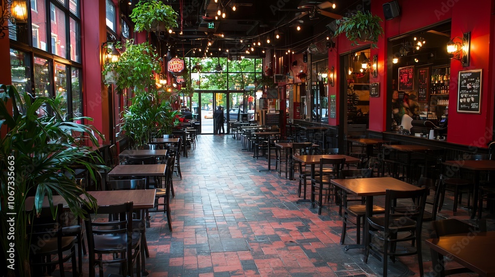 A cozy restaurant interior with plants and tables, inviting for dining. A cozy restaurant interior with plants and tables, inviting for dining.